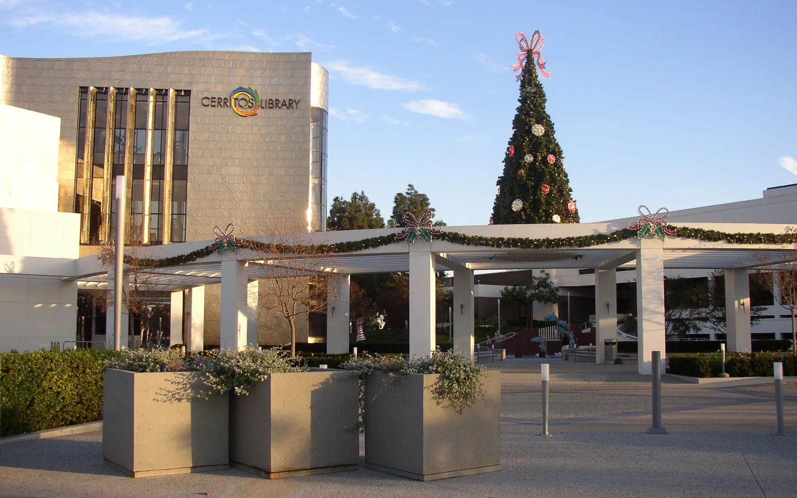 Exterior of the Cerritos Library, a modern building clad in titanium panels